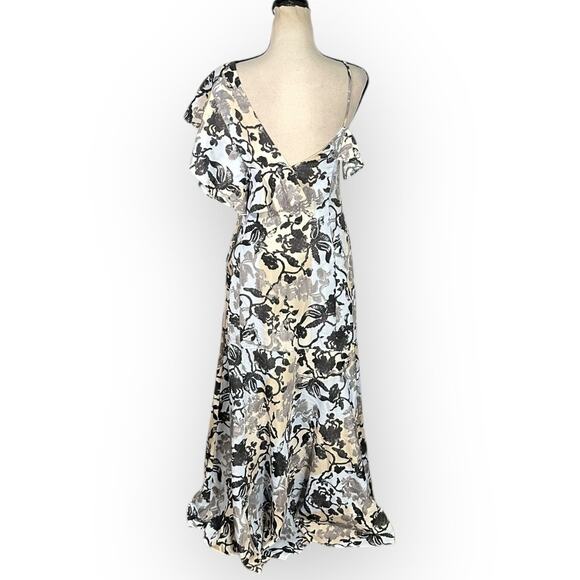 ADEAM Floral Fiesta Maxi Dress Women's 4 Blue Black Ruffle V-Neck Asymmetric RTR - Picture 5 of 15